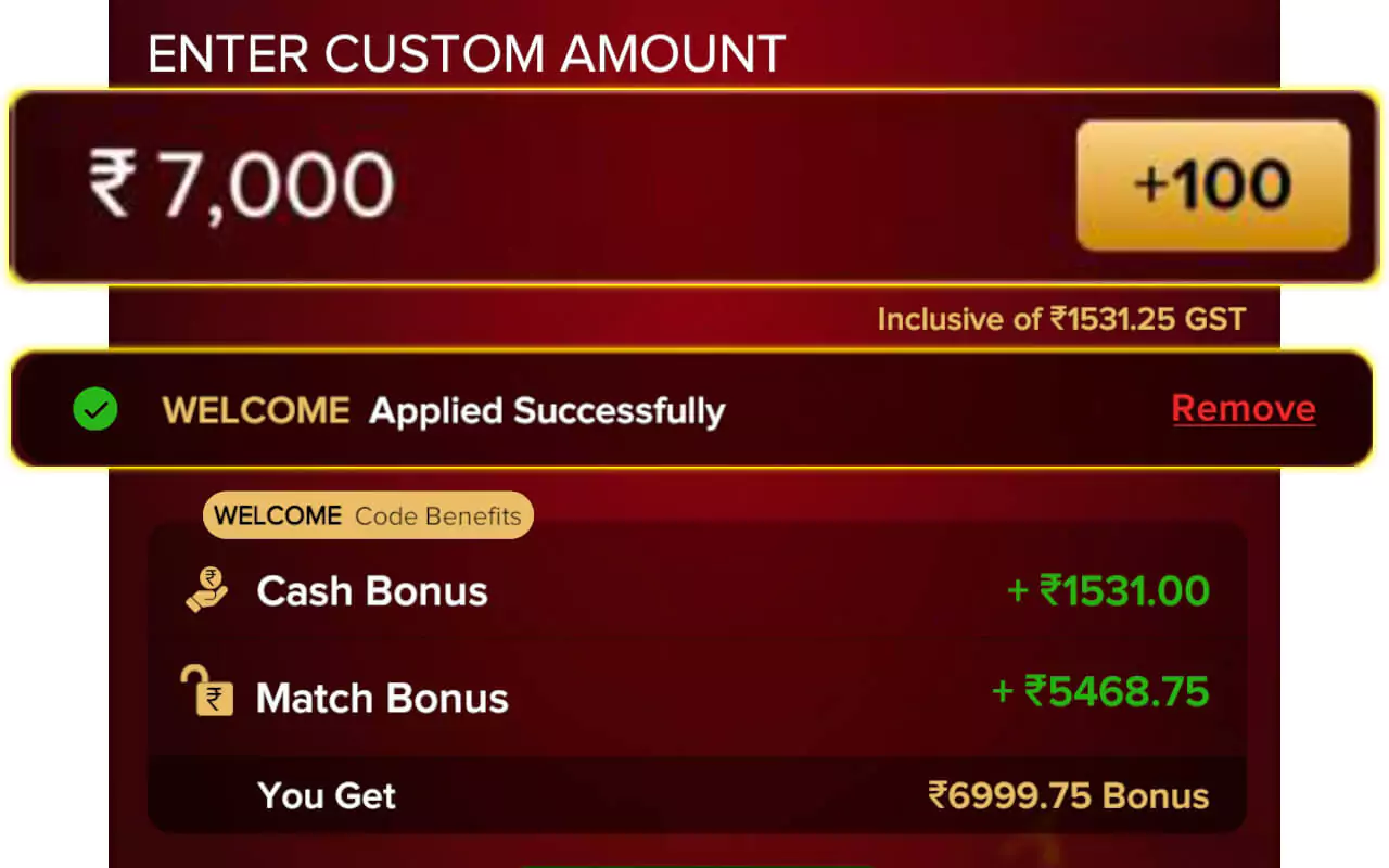 Enter amount and Bonus Code WELCOME
